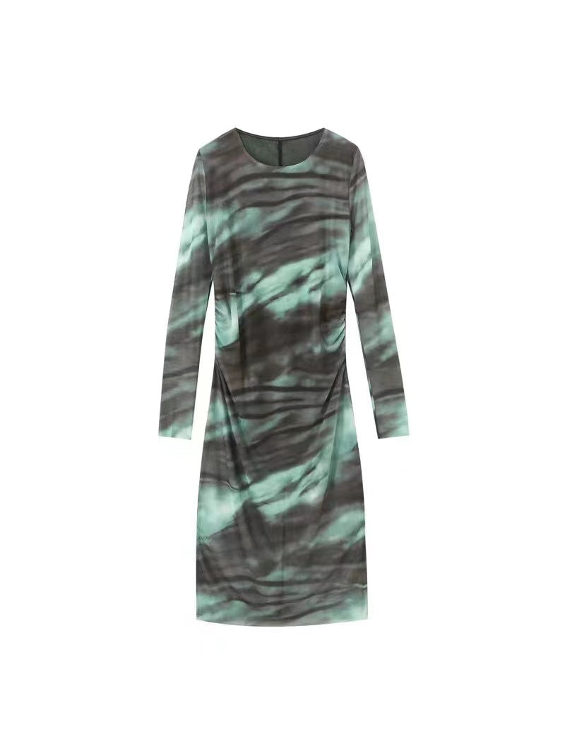 Tie & Dye Print Ruched Mesh Print Dress