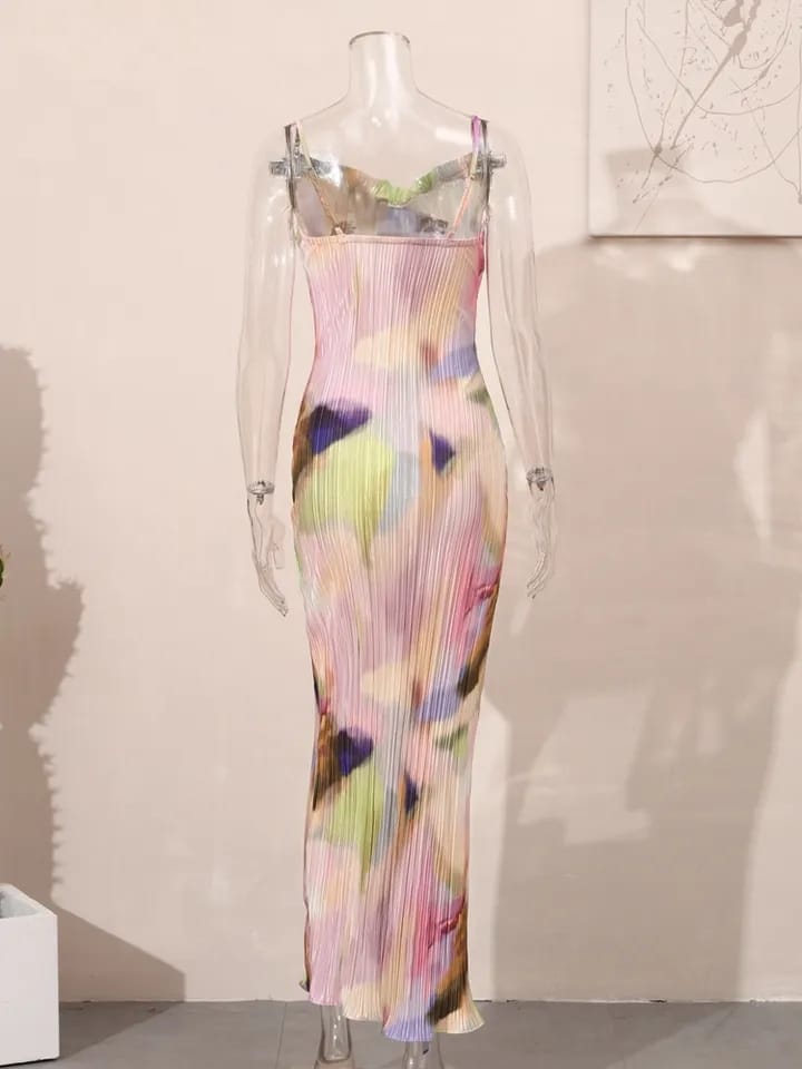 Spaghetti Strap Pleated Cowl Neck Maxi Dress