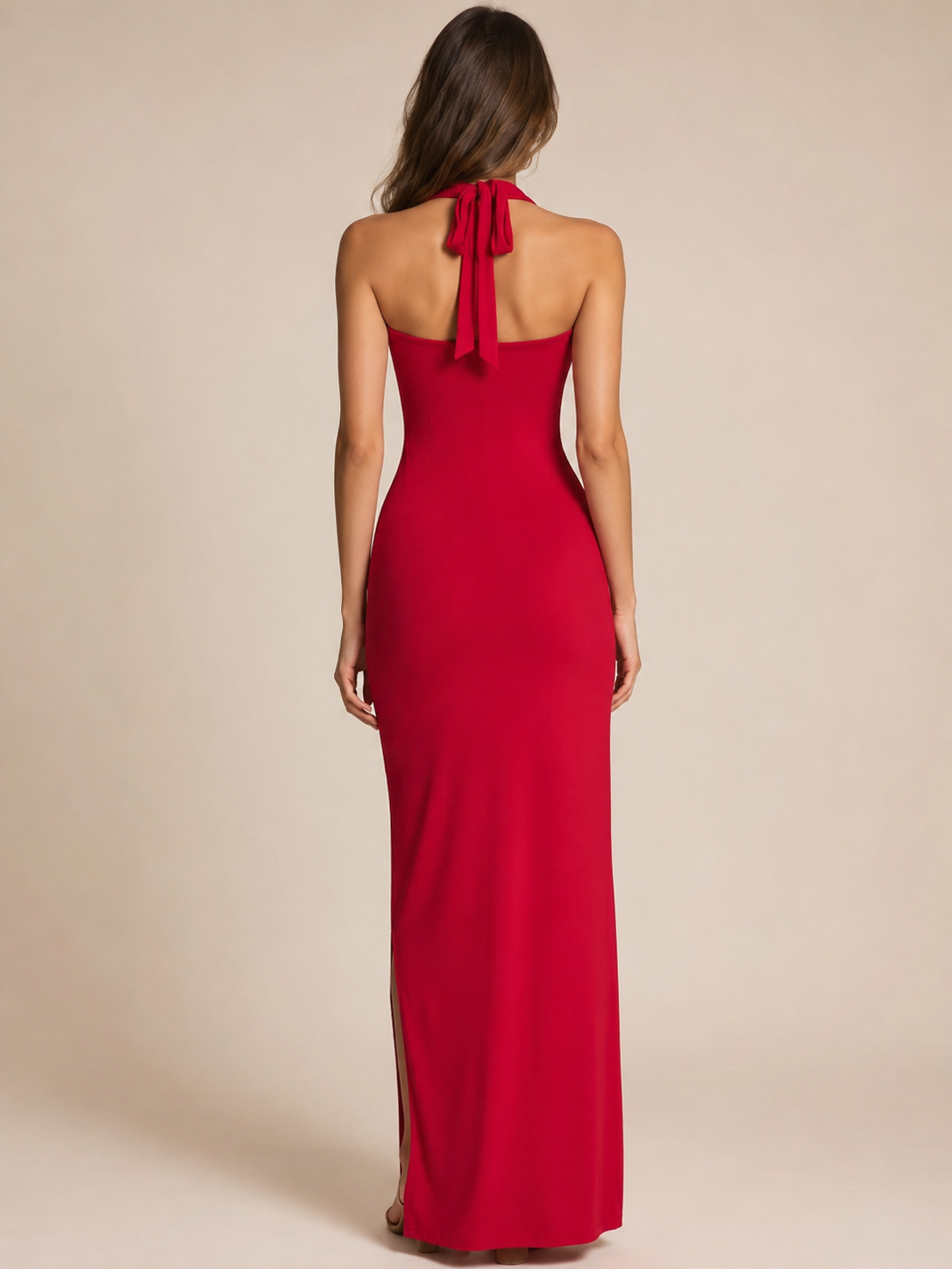 Deep Cowl Halter High-Slit Maxi Dress in red with a back-tie halter neckline and floor-length silhouette with a side slit.