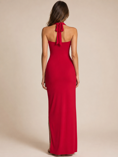 Deep Cowl Halter High-Slit Maxi Dress in red with a back-tie halter neckline and floor-length silhouette with a side slit.