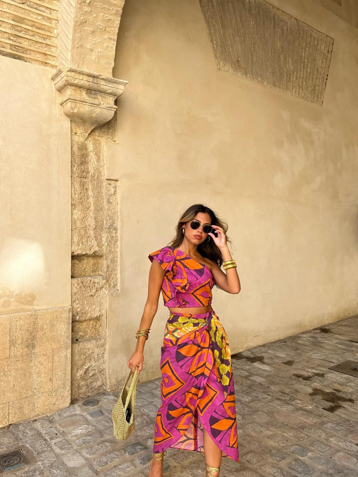 Abstract One Shoulder Ruffle Top & Wrap Skirt Coord Set