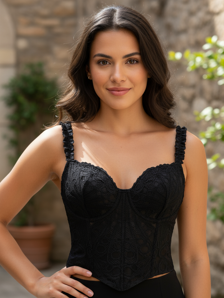 Carera Boning Corset Mesh Lace Tie Back Top