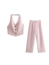 Pink Tweed Waist Coat & Wide Leg Pants Coord Set