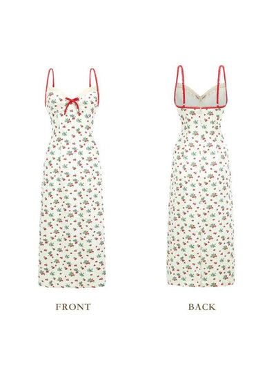 SR Store Scarlet Cherry Slip Midi Dress, white with red cherry print, red straps, lace-trim neckline.