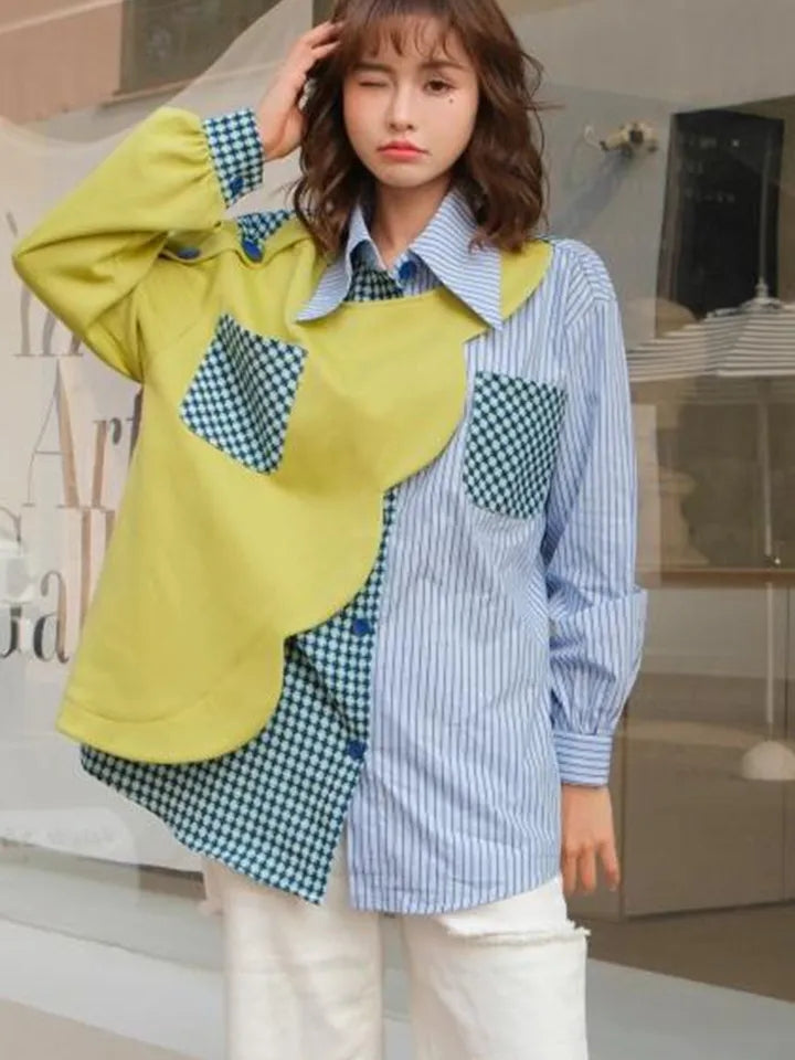 Striped Patchwork Blue Cotton Shirt Dress