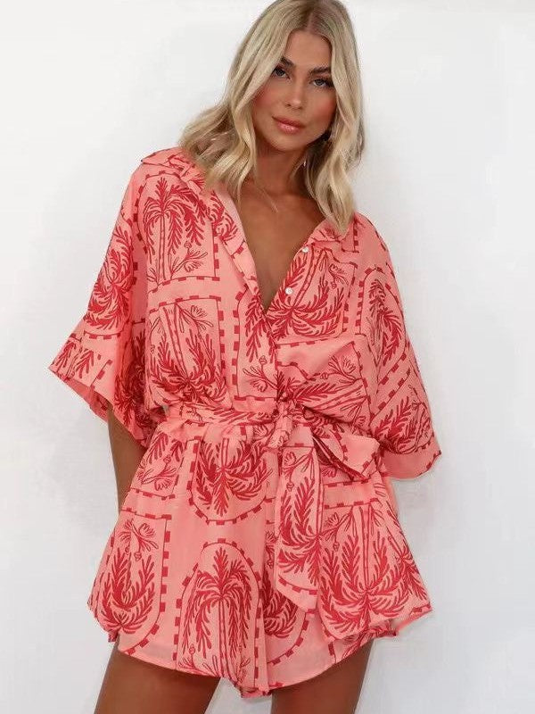 Loose Casual Printed Summer Romper with Belt