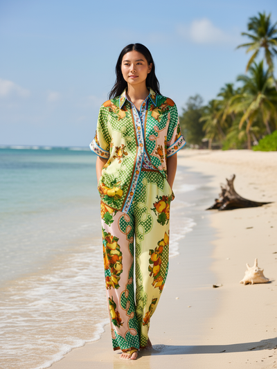 Fruit Print Short Sleeve Shirt & Pants Coord Set