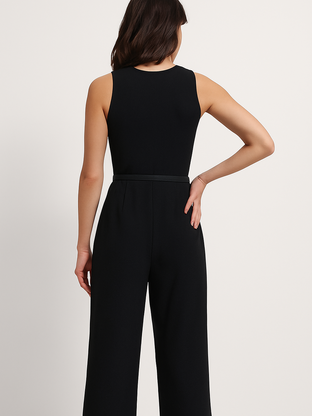 V-Neck Tailored Wide Leg Jumpsuit with Belt