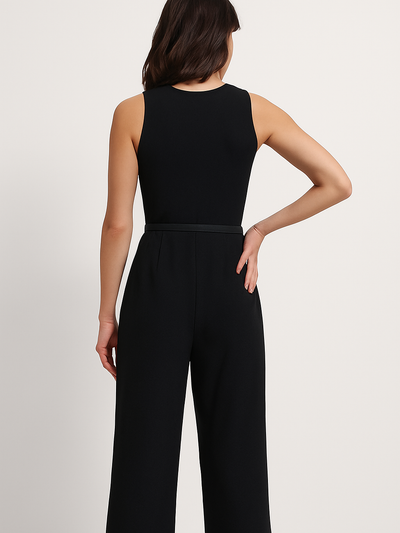 V-Neck Tailored Wide Leg Jumpsuit with Belt