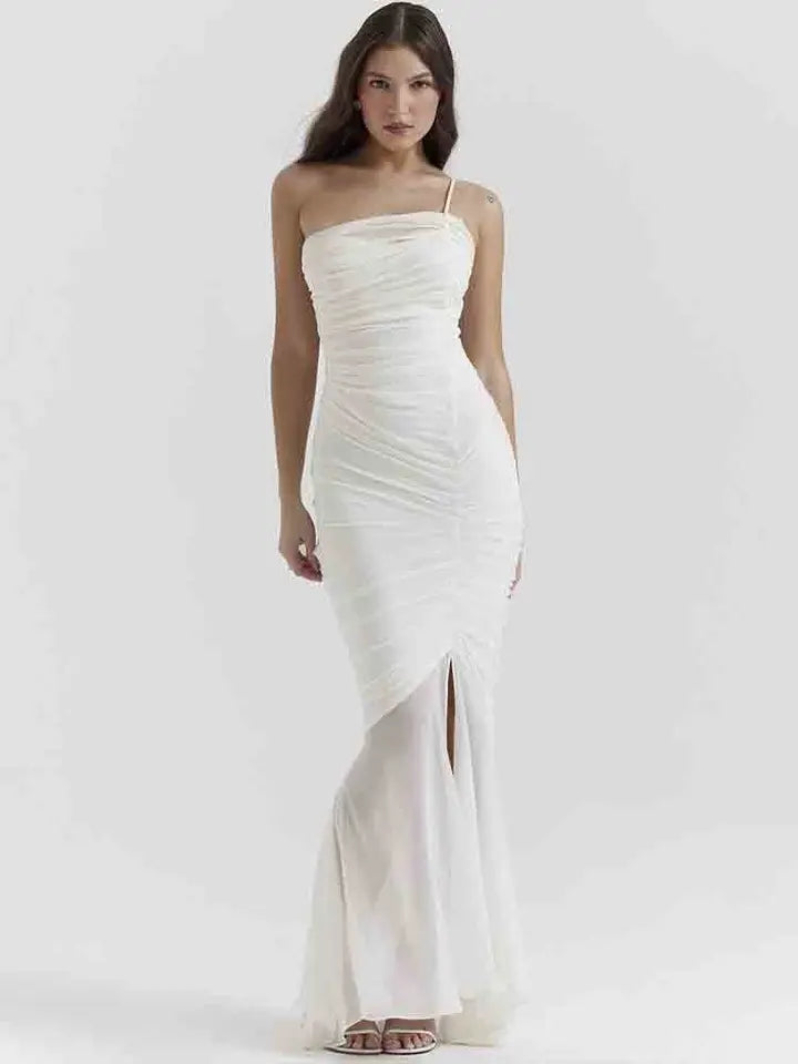 White Mesh Spaghetti Strap Fishtail Slit Dress