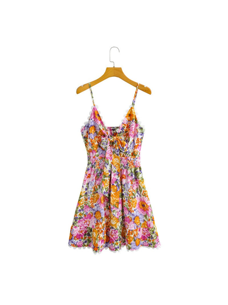 Bow Print High Waist Backless A- line Floral Dress