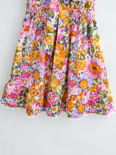 Bow Print High Waist Backless A- line Floral Dress