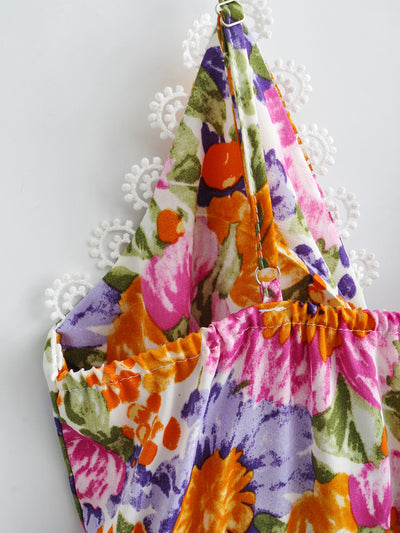 Bow Print High Waist Backless A- line Floral Dress