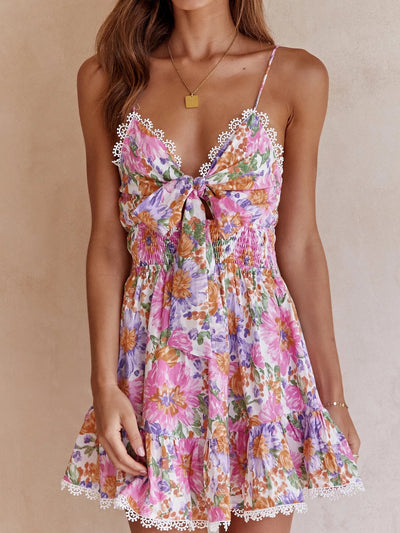 Bow Print High Waist Backless A- line Floral Dress