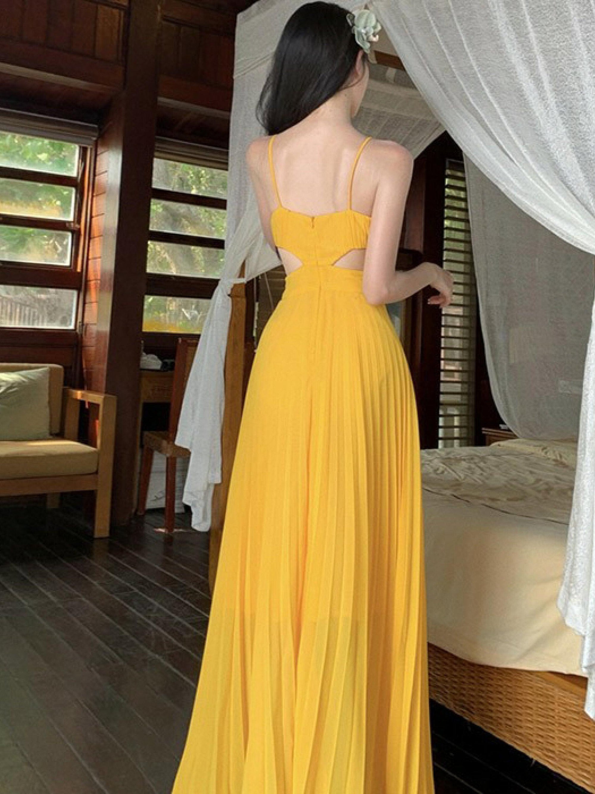 Pleated Spaghetti Strap Cutout Maxi Dress