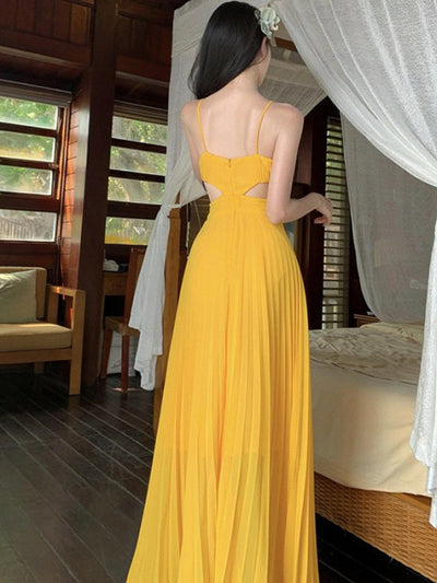 Pleated Spaghetti Strap Cutout Maxi Dress