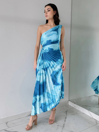 One Shoulder Tie Dye Print Pleated Cutout Dress