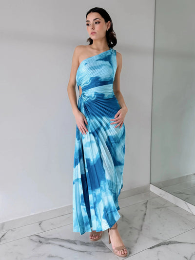 One Shoulder Tie Dye Print Pleated Cutout Dress
