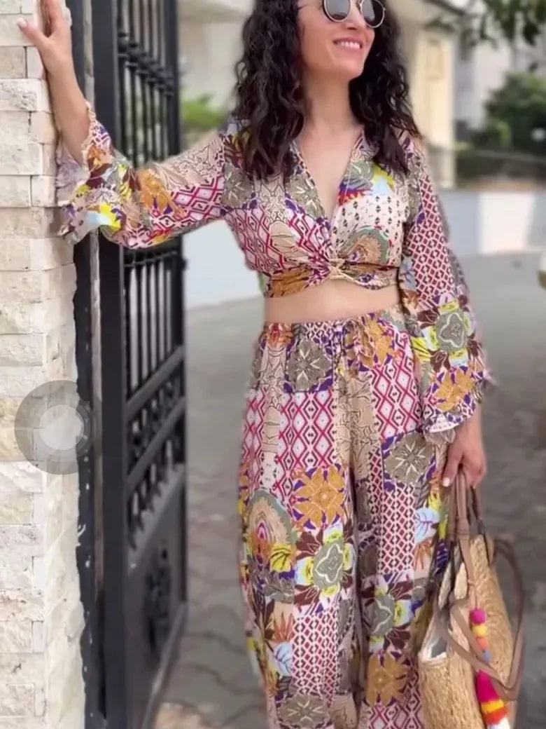 Geometric Print Knot Top & Pants Coord Set