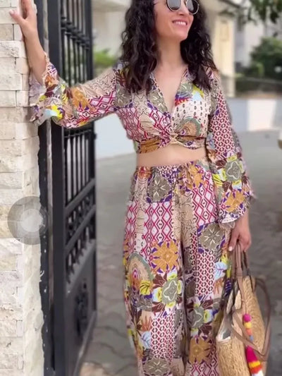 Geometric Print Knot Top & Pants Coord Set