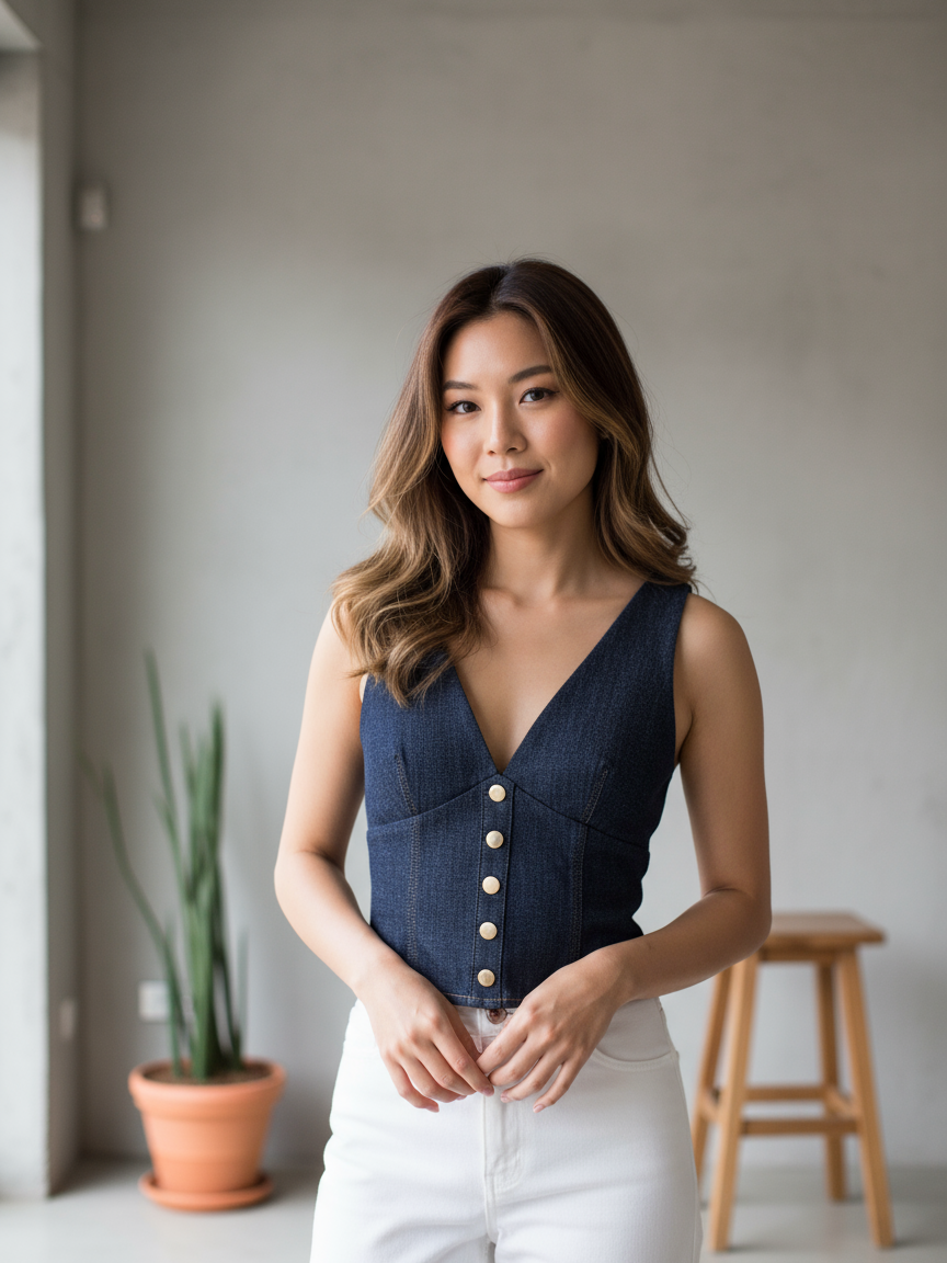 V Neck Denim Vest Crop Top