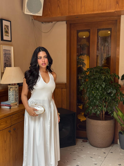 Serena Tied Halterneck Flare Midi Dress