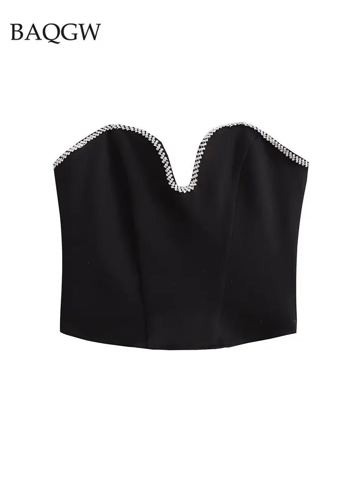 Diamond Beading Crop Top & Low Waist Pencil Pants Coord Set