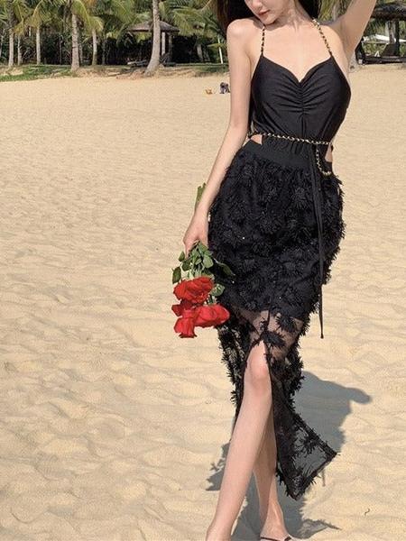 Noir chain-link halter monokini with lace skirt overlay, black one-piece swimsuit by Swimwears