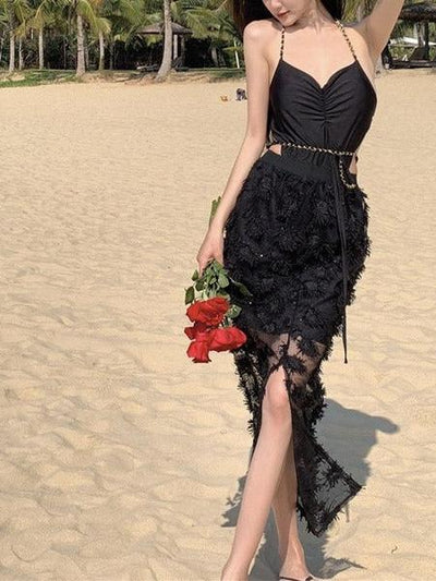 Noir chain-link halter monokini with lace skirt overlay, black one-piece swimsuit by Swimwears