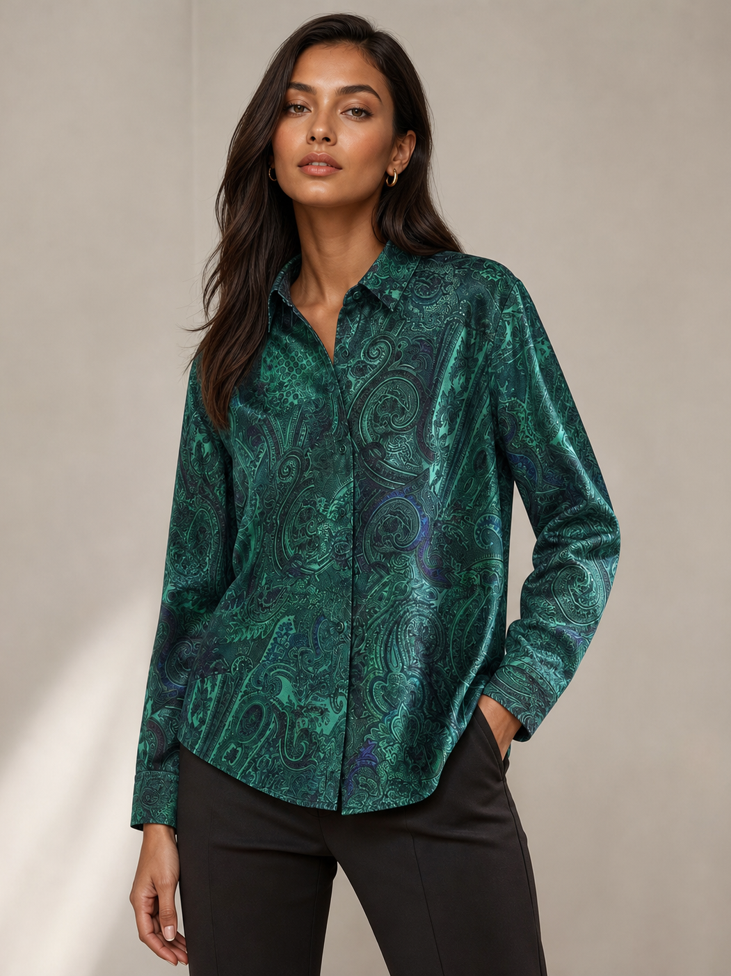 Floral Print Oversized Fit Shirt in green with paisley pattern