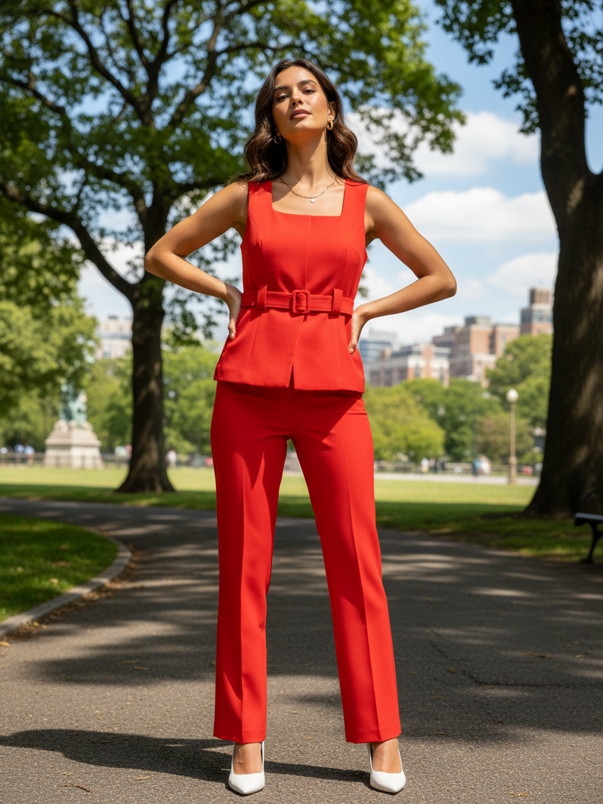 Red Belted Vest Top & Pants Coord Set