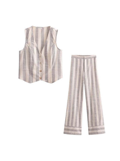 Striped Linen Waist Coat Vest & Pants Coord Set