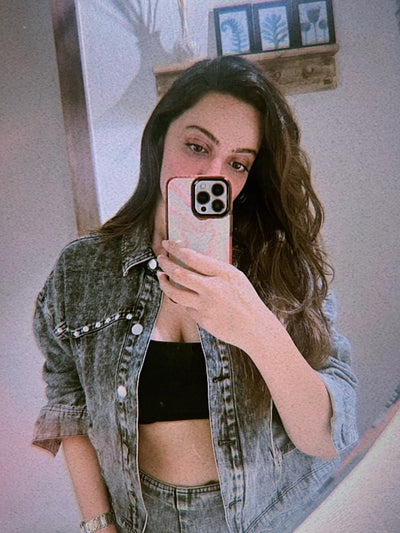 Black Denim Studded Jacket & Skirt Coord Set