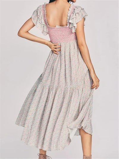 Ruffle smocked floral swing dress, pink floral print, EXCLUSIVES brand, midi length