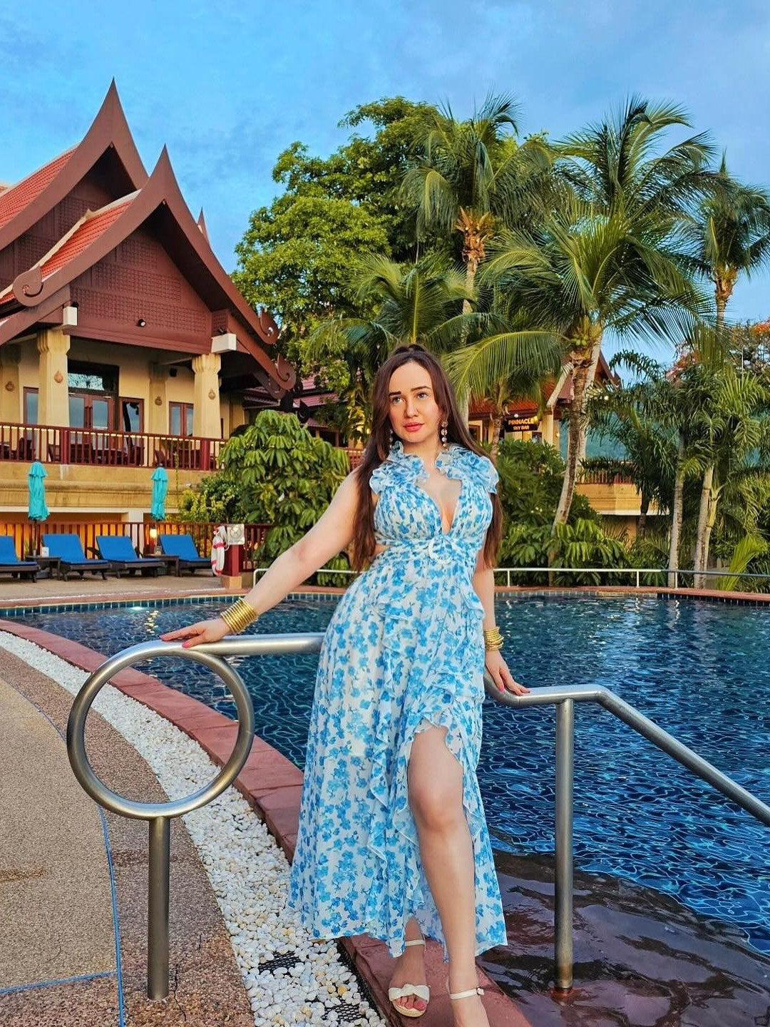 Floral Print Hollow Out Cutout Deep V Plunge Ruffled Backless Dress