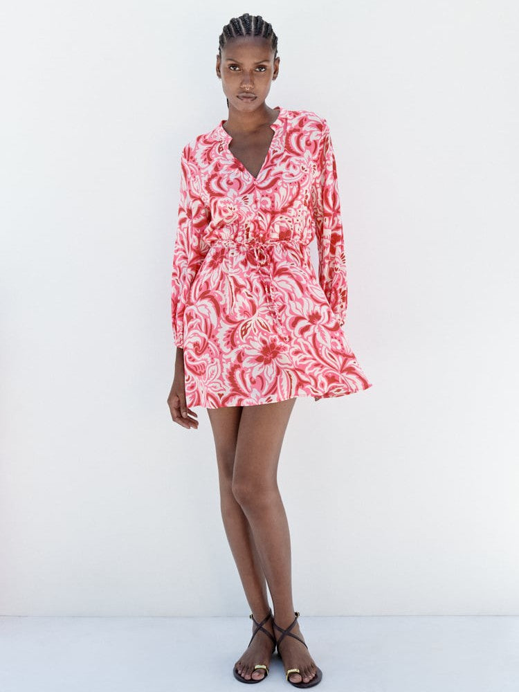 Pink Floral Print A Line Dress