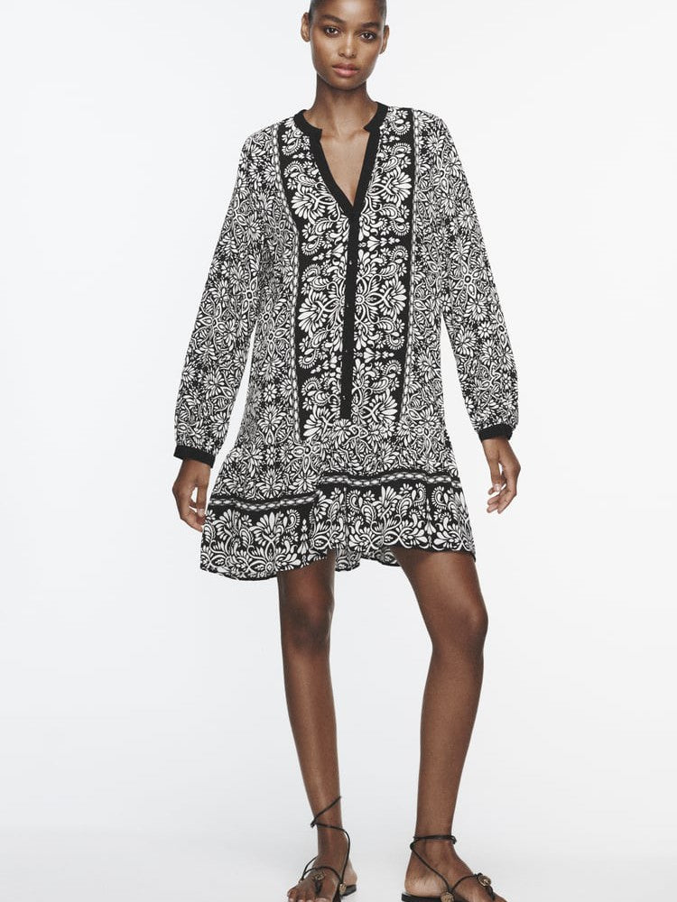 Contrast Piping Vintage Floral Dress