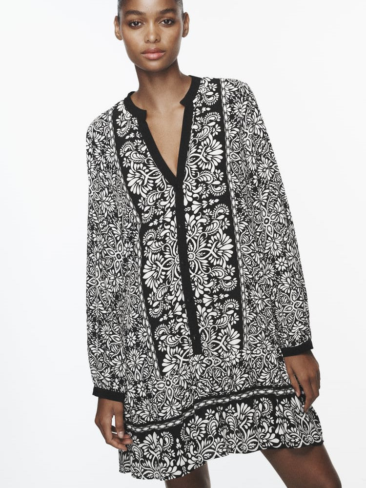 Contrast Piping Vintage Floral Dress