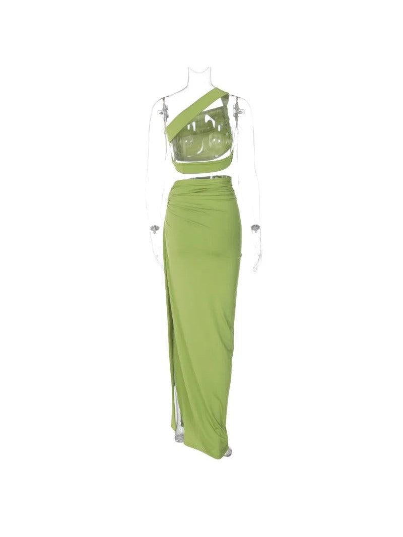 One Shoulder Backless Crop Top & High Slit Skirt Coord Set