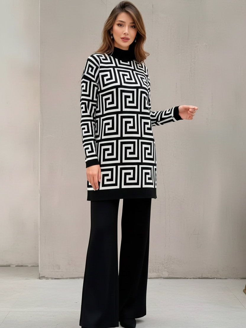 Print High Neck Oversized Sweater Coord Set in black and white geometric pattern with tunic top and wide-leg pants