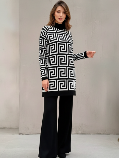 Print High Neck Oversized Sweater Coord Set in black and white geometric pattern with tunic top and wide-leg pants
