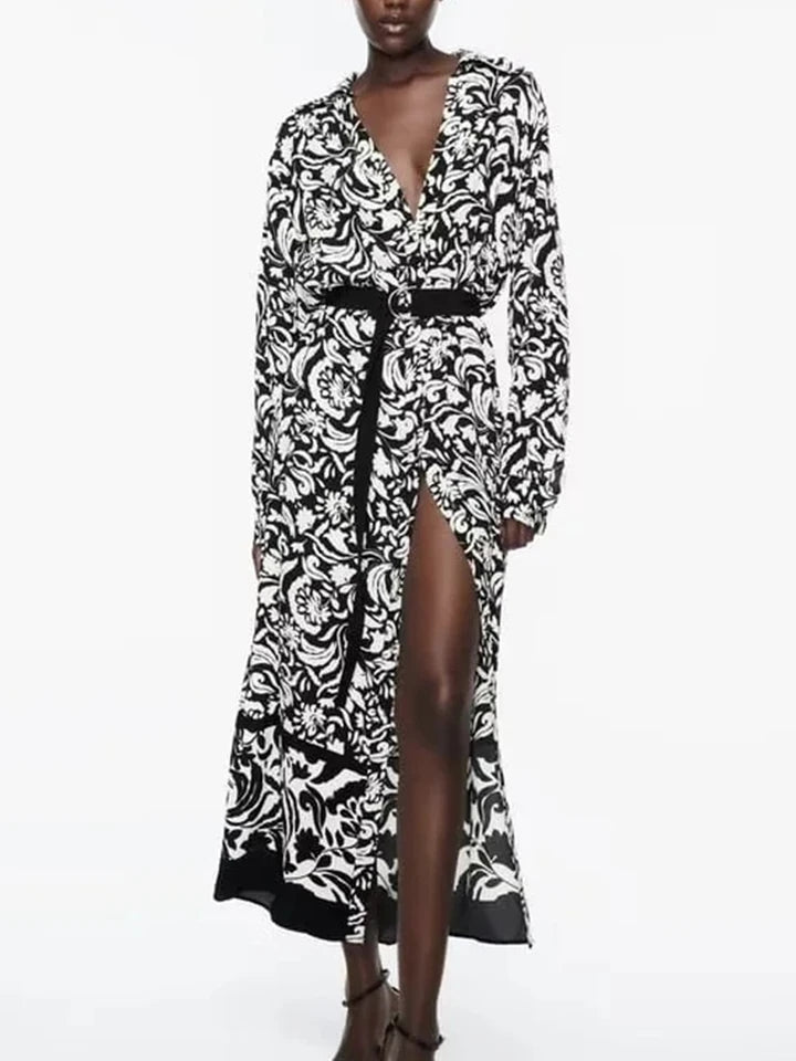 Black Porcelain Boho Print Maxi Dress with Belt