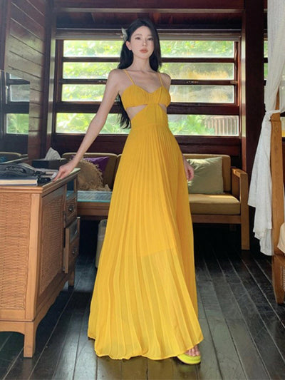 Pleated Spaghetti Strap Cutout Maxi Dress