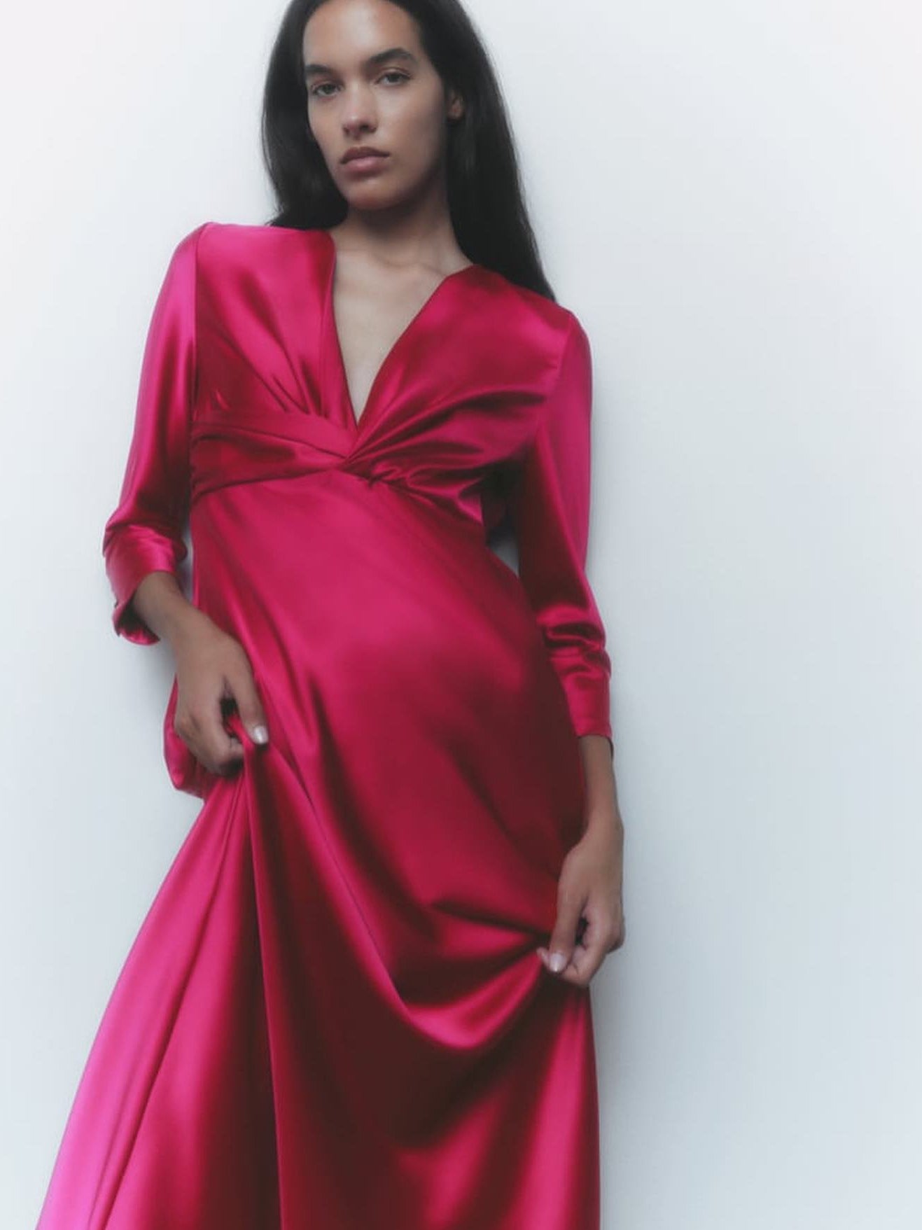 V Neck Silk Forged Texture Bow Tie Elastic Sleeve Dress