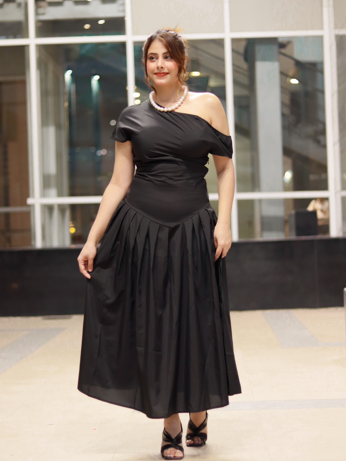 One Off Shoulder Asymmetric Pleated Midi Dress