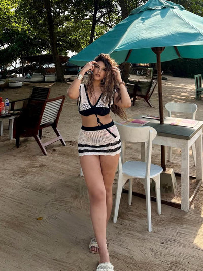 Monochrome Crochet Top & Short Skirt Coord Set