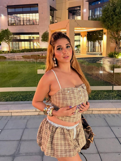 Gingham Print Corset Pocket Top & Skort Skirt Coord Set