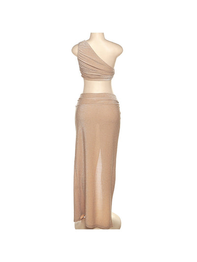 Oblique Shoulder Vest Slim Sheath Split Skirt Set