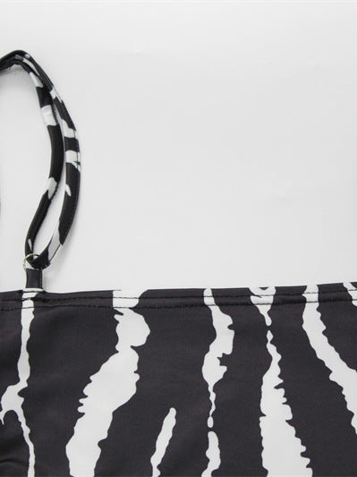 Spaghetti Strap Lace Up Split Zebra Print Dress