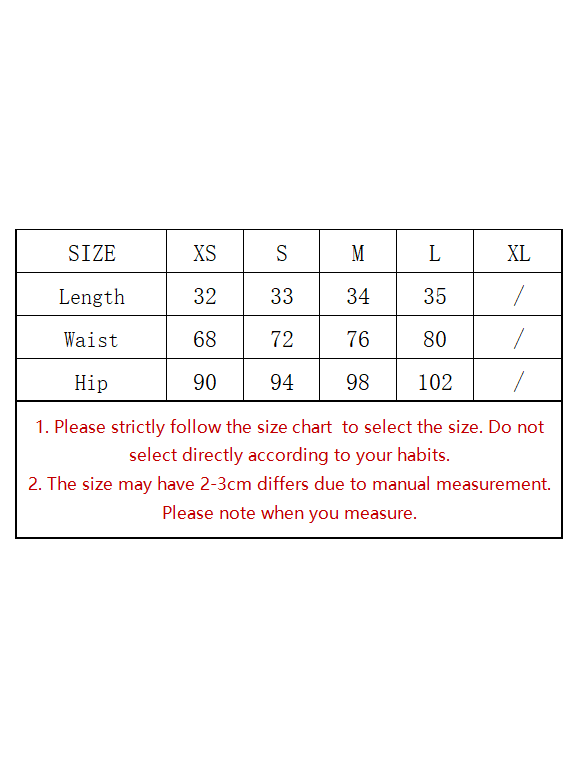 Bordered size chart with XS–XL columns, showing Length, Waist, Hip measurements and red notes.